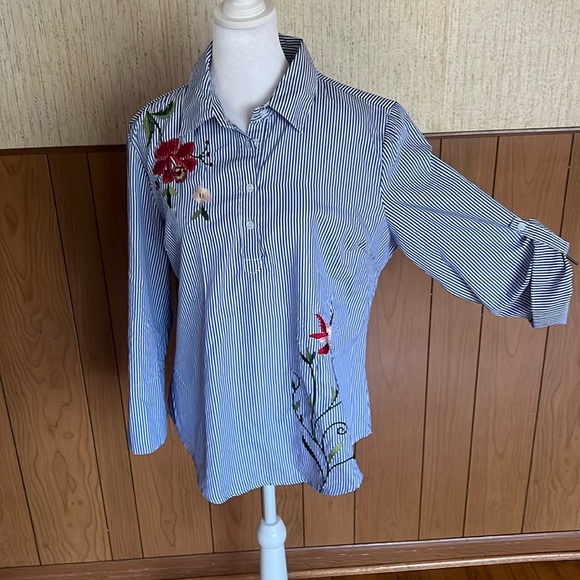 KONTROL Women Striped Button-Up Shirt with Floral Embroidery Size Large - Picture 1 of 14